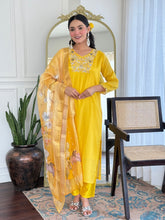 RADHA YELLOW COLOURED  WOMEN'S VISCOSE CHINNON  KURTA WITH PANT DUPATTA  SET